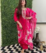 Rani pink viscose chanderi heavy thread embroidery work with printed dupatta kurta pant set