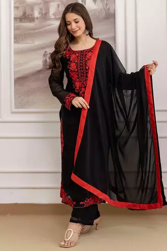 Black georgette heavy thread embroidery work kurta pant set