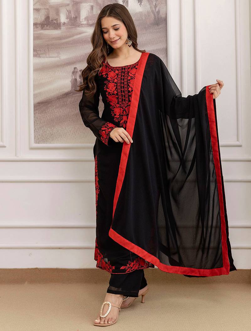 Black georgette heavy thread embroidery work kurta pant set