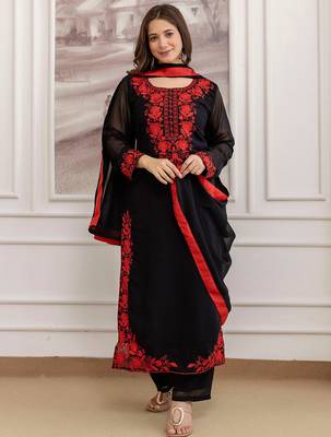 Black georgette heavy thread embroidery work kurta pant set 2