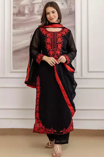 Black georgette heavy thread embroidery work kurta pant set