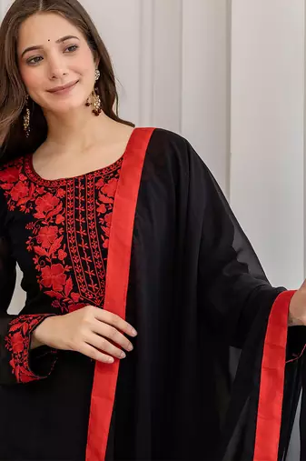 Black georgette heavy thread embroidery work kurta pant set