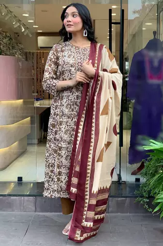 Cream magic cotton printed kurta pant set