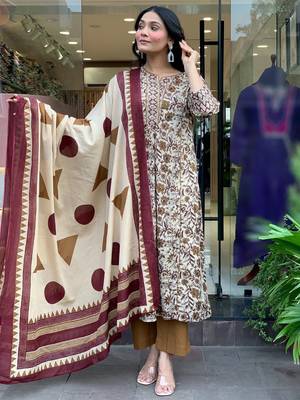 Cream magic cotton printed kurta pant set 2