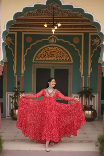Orange Faux Blooming Embroidered & Printed Gown     Festive & Occasion Wear