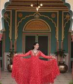 Orange Faux Blooming Embroidered & Printed Gown     Festive & Occasion Wear