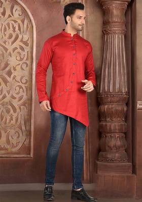 red cotton satin stitched short kurta 4