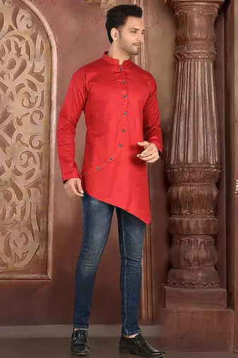 red cotton satin stitched short kurta