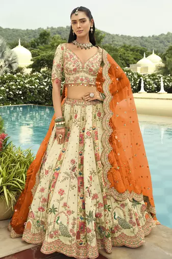 off white silk embroidered & art mirror work wedding wear lehenga choli