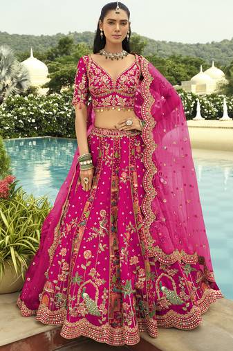 rani pink silk embroidered & art mirror work wedding wear lehenga choli
