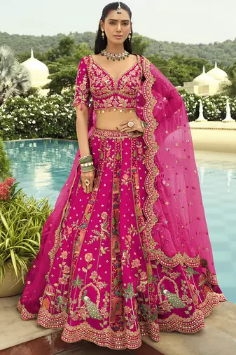rani pink silk embroidered & art mirror work wedding wear lehenga choli