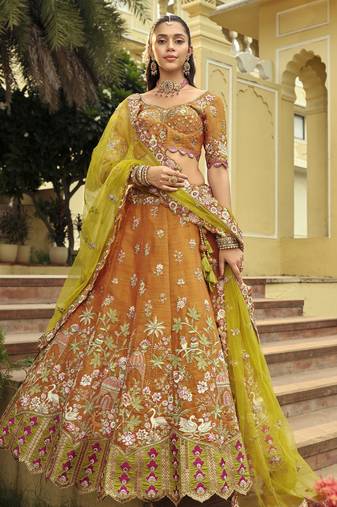 mustard silk embroidered & art mirror work wedding wear lehenga choli