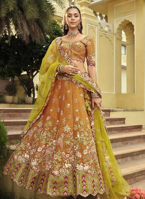 mustard silk embroidered & art mirror work wedding wear lehenga choli 2