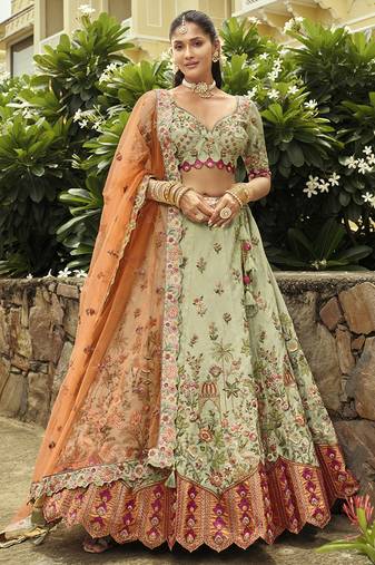 sea green silk embroidered & art mirror work wedding wear lehenga choli