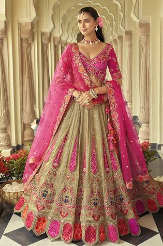 beige silk embroidered & art mirror work wedding wear lehenga choli
