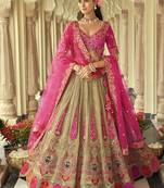 beige silk embroidered & art mirror work wedding wear lehenga choli