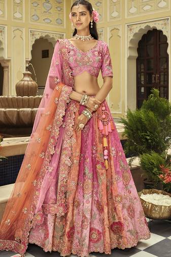 multi color silk embroidered & art mirror work wedding wear lehenga choli