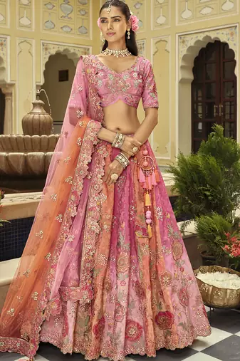 multi color silk embroidered & art mirror work wedding wear lehenga choli