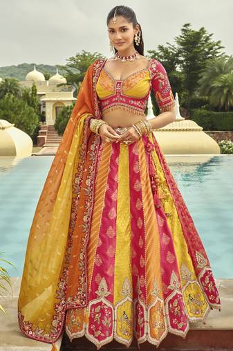 multi color silk embroidered & art mirror work wedding wear lehenga choli