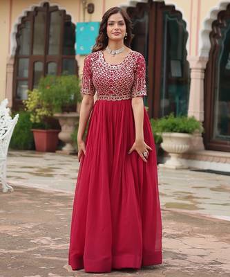 Pink Faux Blooming Embroidered & Printed Gown     2