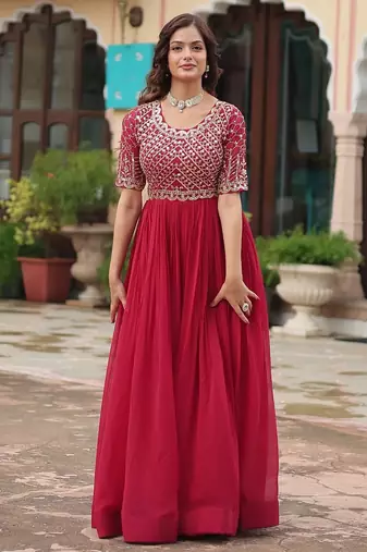 Pink Faux Blooming Embroidered & Printed Gown    