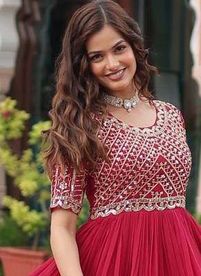 Pink Faux Blooming Embroidered & Printed Gown     3