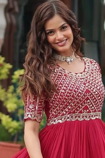 Pink Faux Blooming Embroidered & Printed Gown    