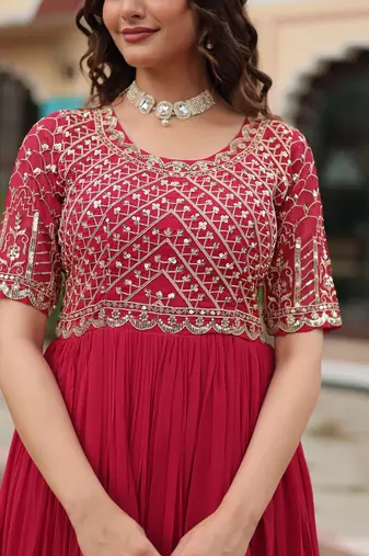 Pink Faux Blooming Embroidered & Printed Gown    