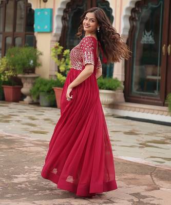 Pink Faux Blooming Embroidered & Printed Gown     5