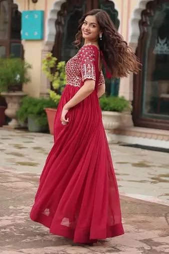 Pink Faux Blooming Embroidered & Printed Gown    