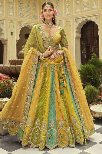 yellow silk embroidered & art mirror work wedding wear lehenga choli