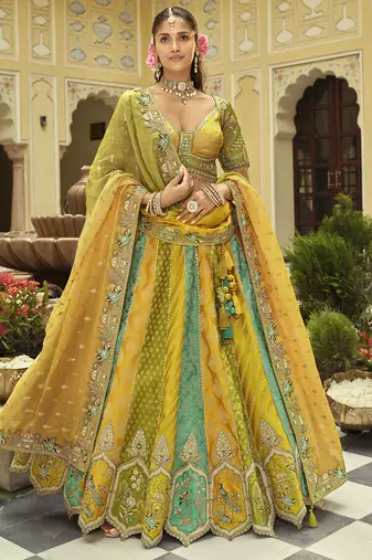 yellow silk embroidered & art mirror work wedding wear lehenga choli
