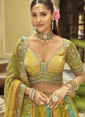 yellow silk embroidered & art mirror work wedding wear lehenga choli 2