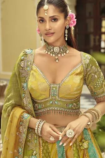 yellow silk embroidered & art mirror work wedding wear lehenga choli