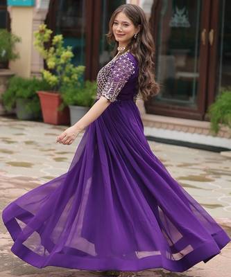 Purple Faux Blooming Embroidered & Printed Gown     2