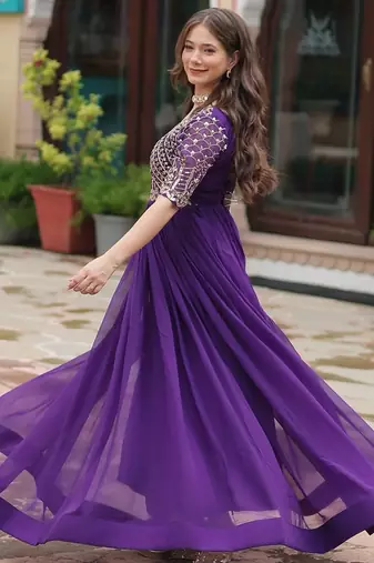 Purple Faux Blooming Embroidered & Printed Gown    