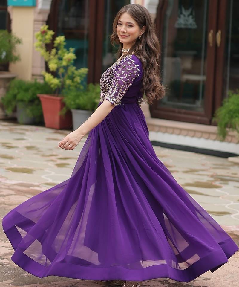 Purple Faux Blooming Embroidered & Printed Gown    