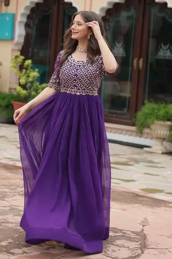 Purple Faux Blooming Embroidered & Printed Gown    