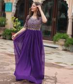 Purple Faux Blooming Embroidered & Printed Gown    