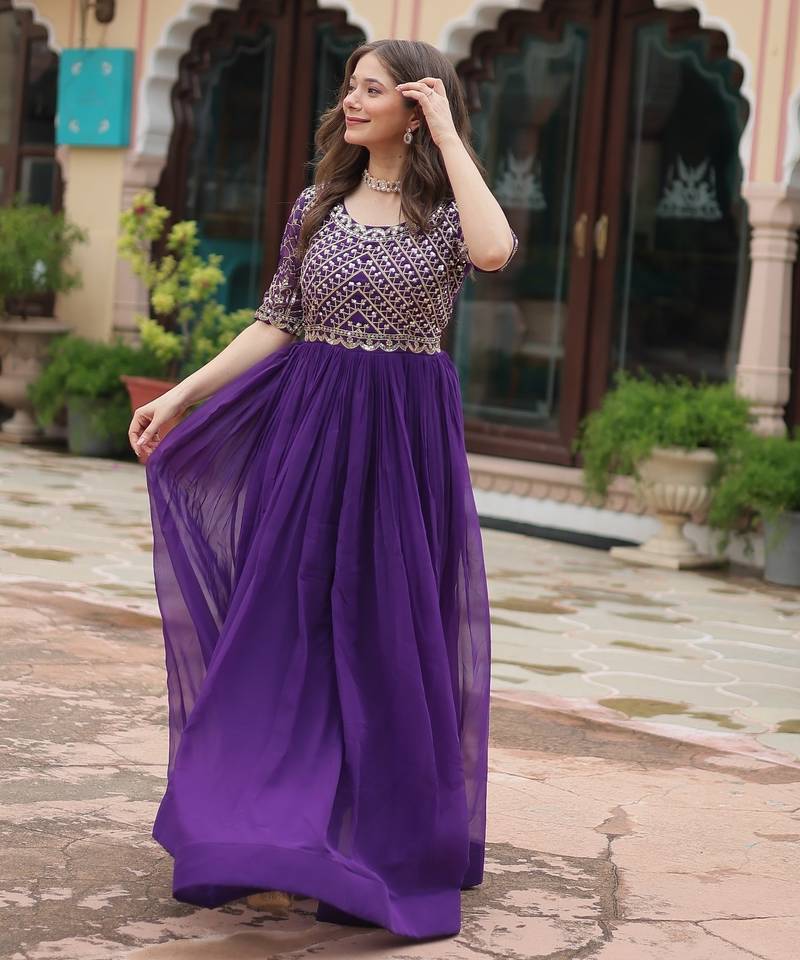 Purple Faux Blooming Embroidered & Printed Gown    