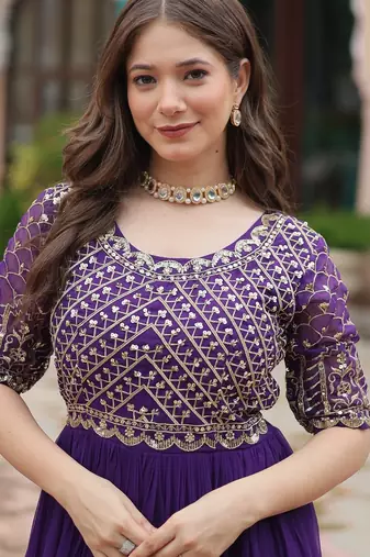 Purple Faux Blooming Embroidered & Printed Gown    