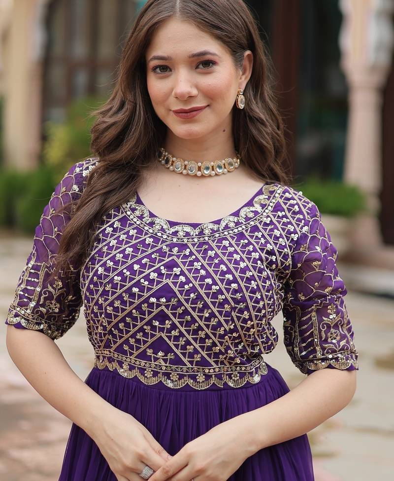 Purple Faux Blooming Embroidered & Printed Gown    