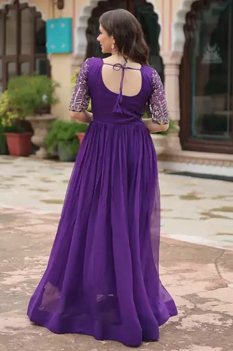 Purple Faux Blooming Embroidered & Printed Gown    