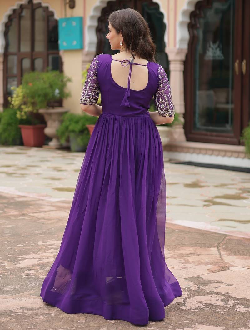 Purple Faux Blooming Embroidered & Printed Gown    
