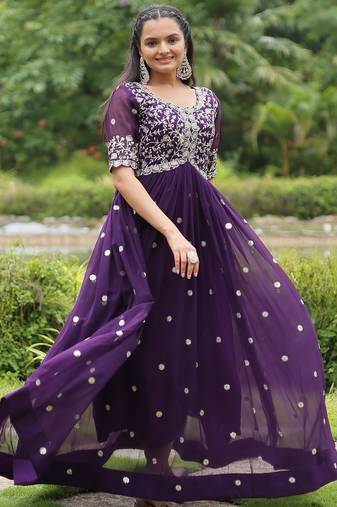 Purple Faux Blooming Sequins & Embroidered Gown    