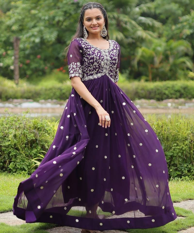 Purple Faux Blooming Sequins & Embroidered Gown    