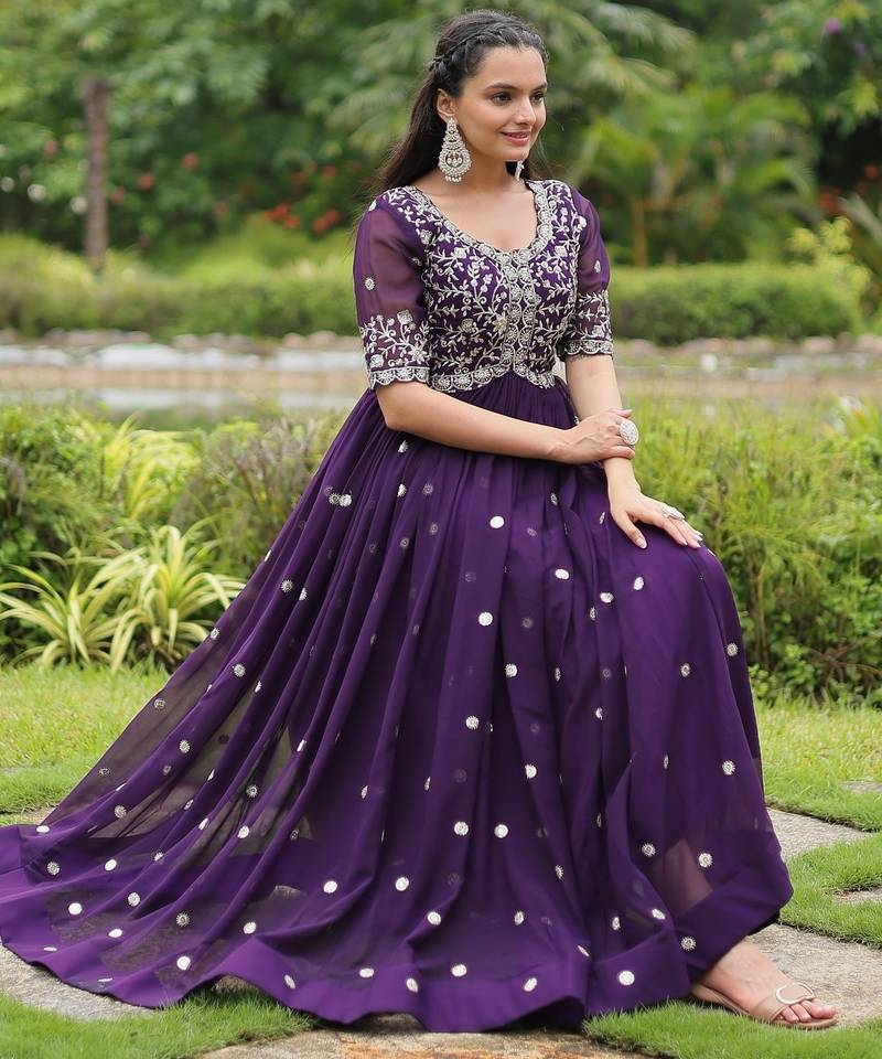 Purple Faux Blooming Sequins & Embroidered Gown    