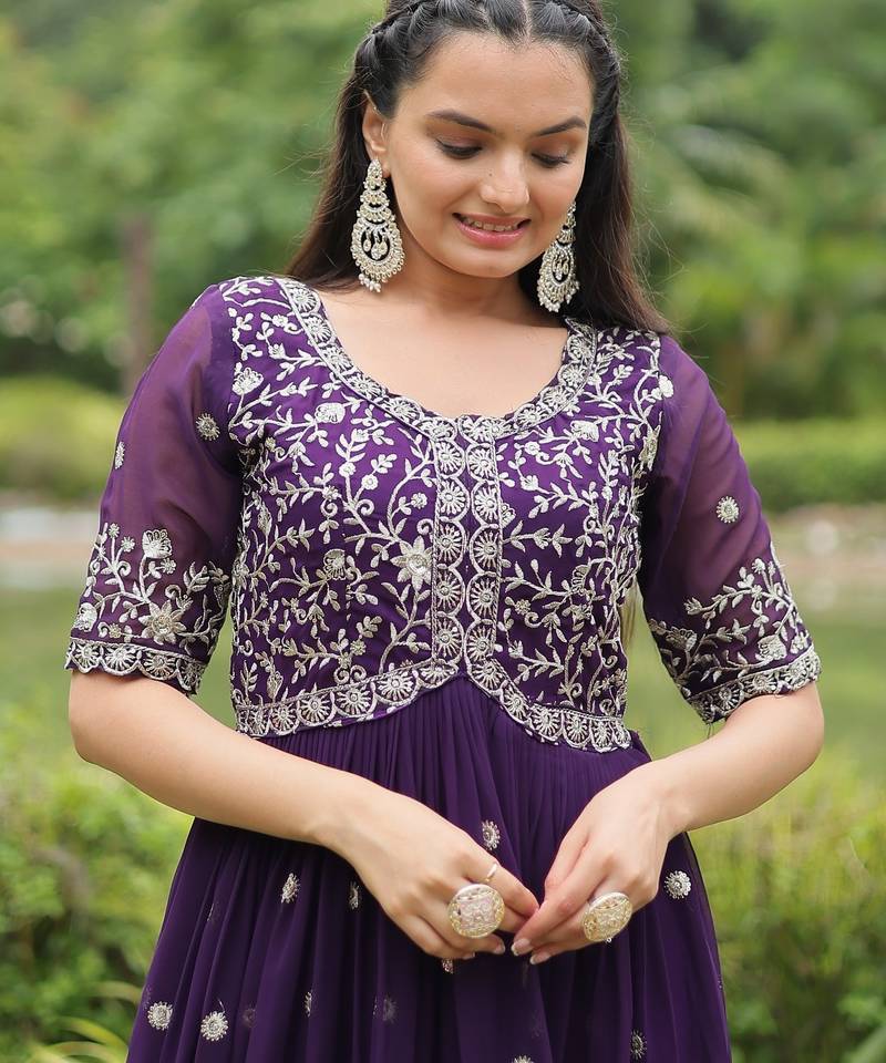 Purple Faux Blooming Sequins & Embroidered Gown    