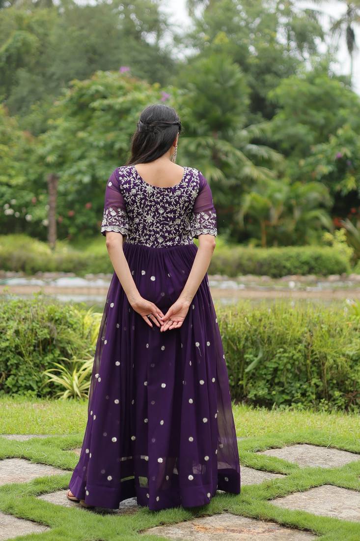 Purple Faux Blooming Sequins & Embroidered Gown    