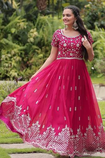 Pink Faux Blooming Zari & Sequins Embroidered Gown     Festive & Wedding Collection